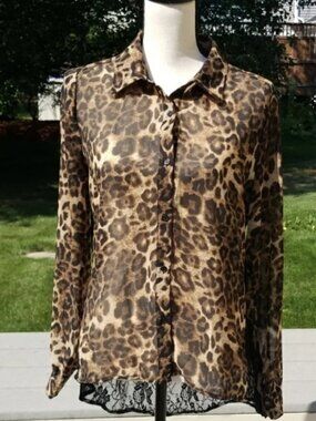 Cecio Animal Print Mixed Media Button Down Blouse | High Low Lacey Back